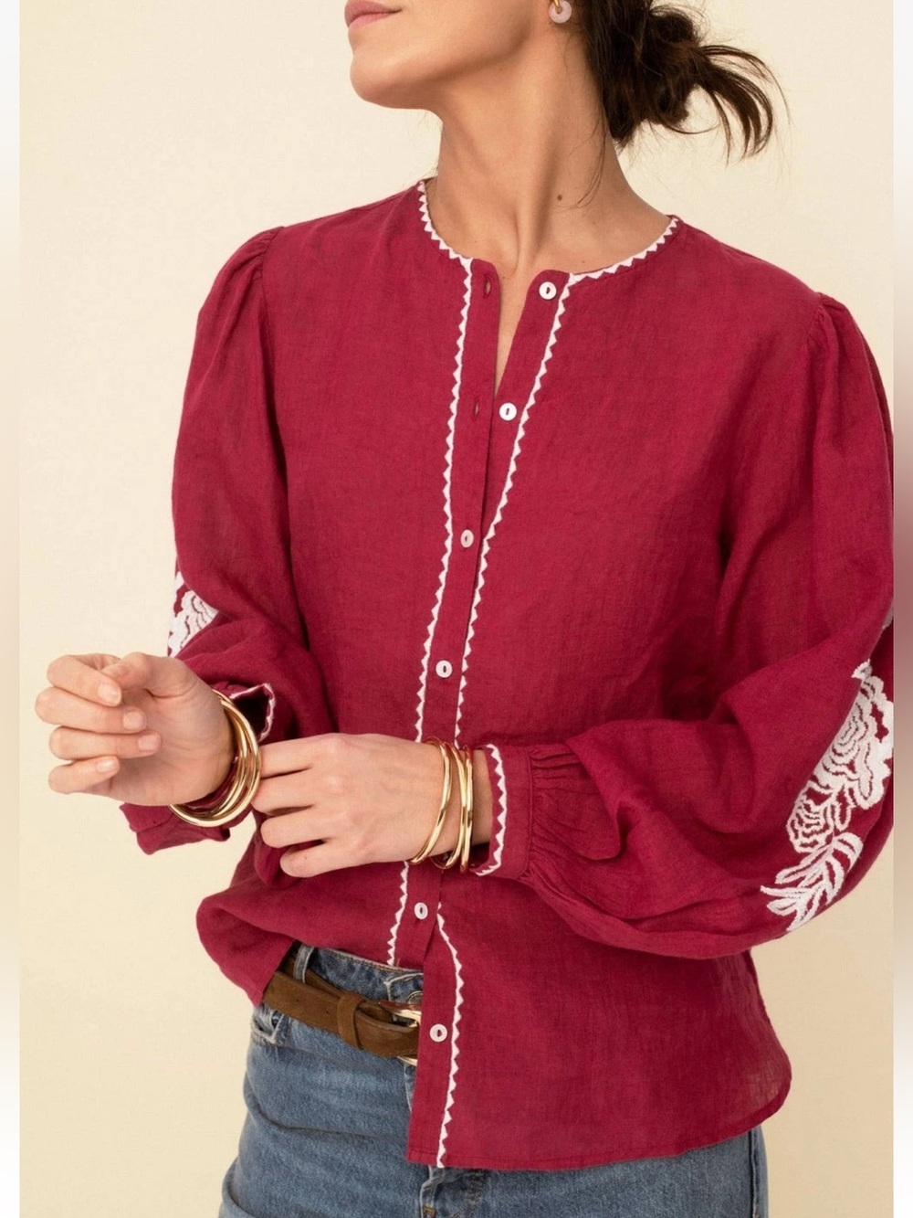 Sonmer Women's Cherry Embroidered Button-Front Blouse XL